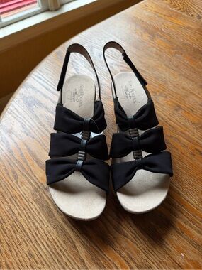 Kim Rogers Black Triple Bow Slingback Wedge Sandals